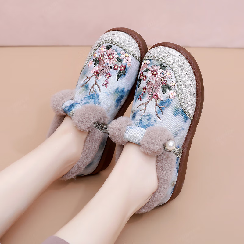 意迪森【一鹿生花】老北京布鞋加绒加厚保暖棉鞋女国风刺绣一脚蹬防滑底 灰色加绒 36 (230mm)