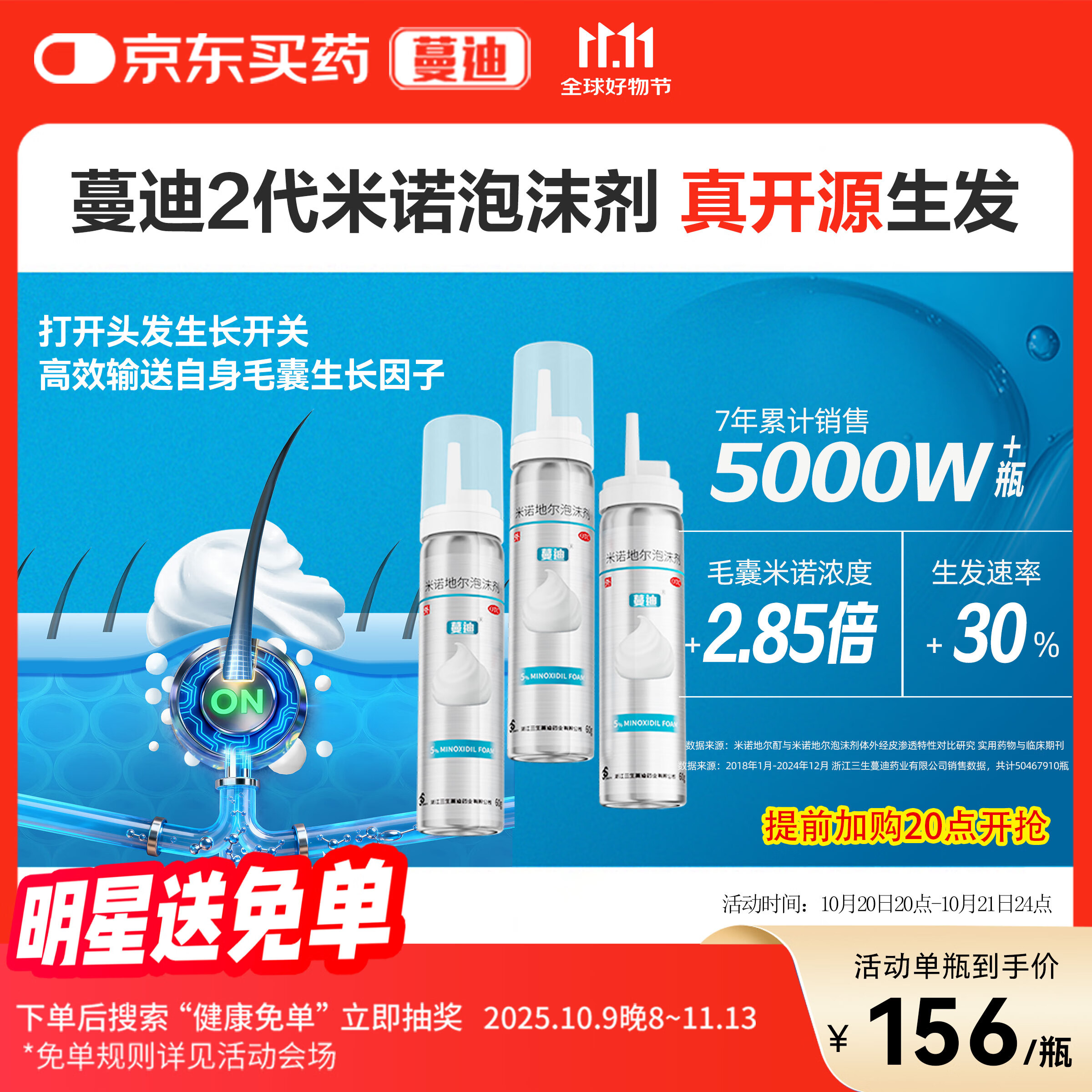 【第二代米诺地尔】蔓迪5%生发泡沫剂60g*3（倍速生发 温和不起痘）男女士专用治脱发防脱育发米洛原液酊搽剂