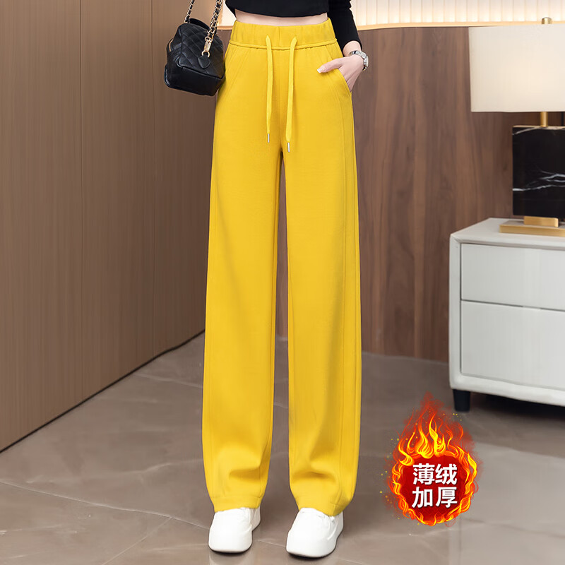 箐箐花加绒窄版阔腿裤女秋冬季2025年新款显瘦宽松卫裤休闲运动直筒裤子 黄色（加绒） M /27(95-105斤)