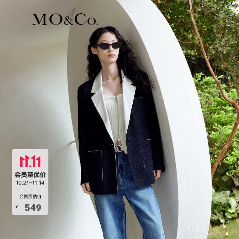 MO&amp;Co.肌理感黑色西装权力外套中长款平驳领休闲西装外套摩安珂 黑色 XS 155