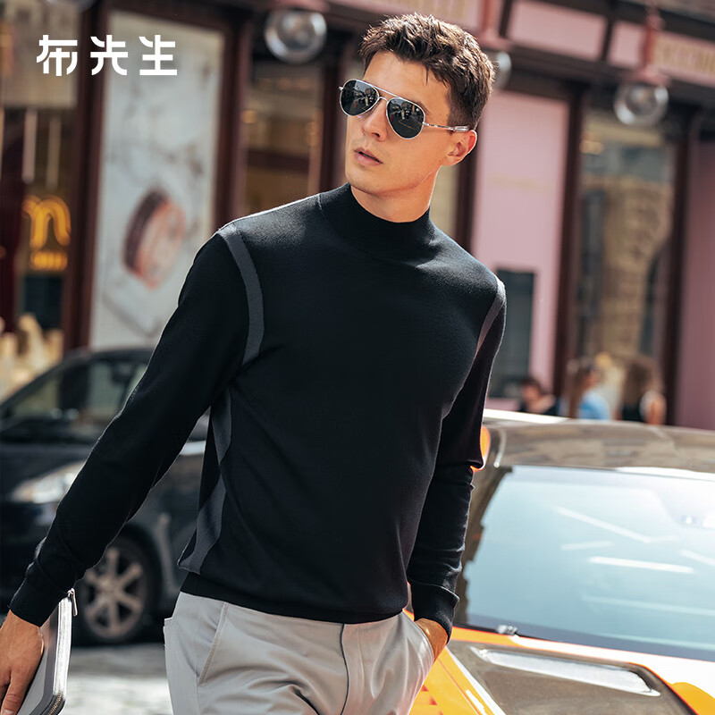 布先生微撞色条纹半高领羊毛衫男2025秋冬新款男士打底衫毛衣BT16897 钢琴黑 XL (180)