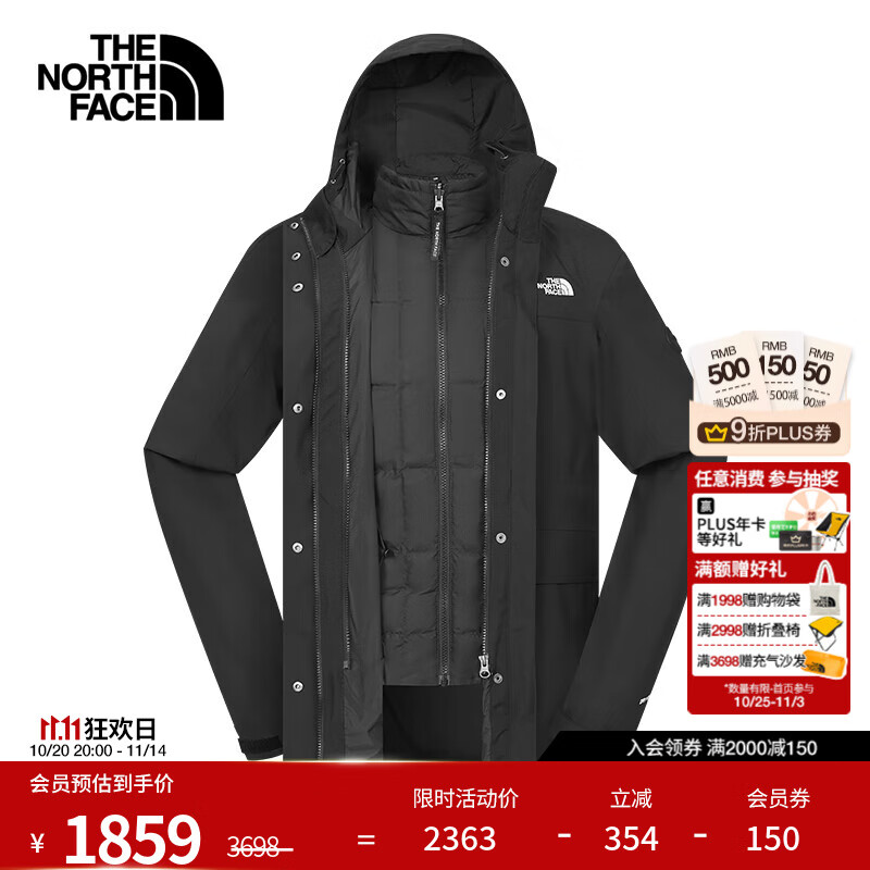 北面（The North Face）羽绒冲锋衣女三合一中长款600蓬鹅绒内胆防水保暖秋季上新|89YP JK3/宇宙黑 L /165
