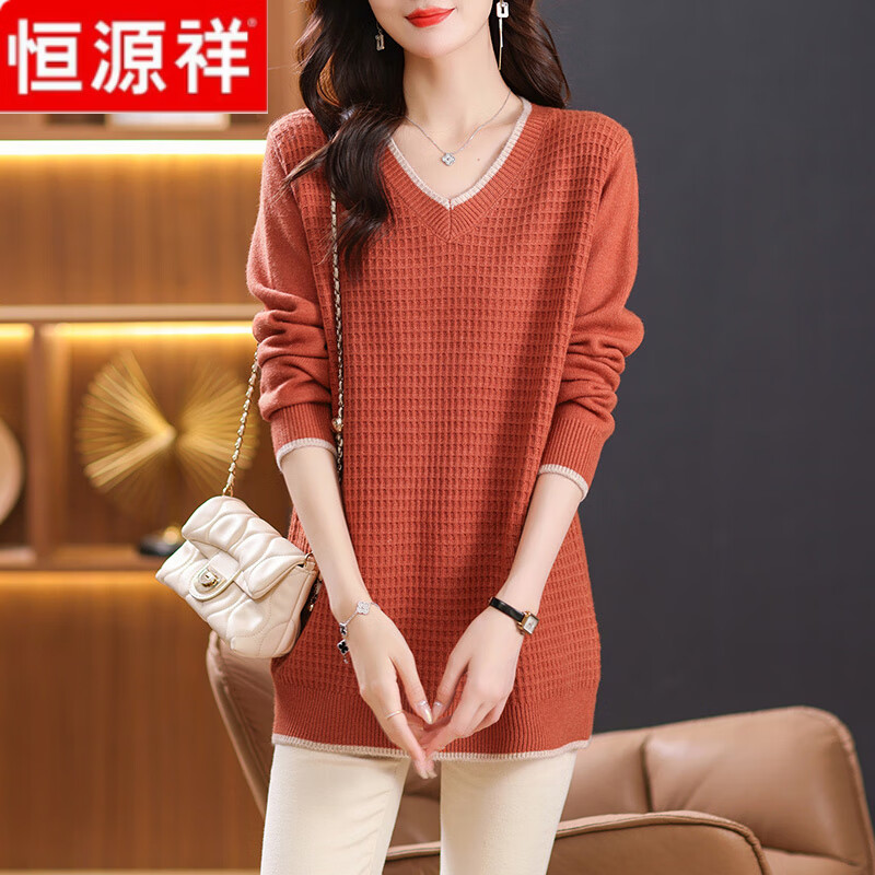 恒源祥中长款V领毛衣女秋冬2025新款宽松针织打底衫遮屁股洋气内搭上衣 橘红色 M