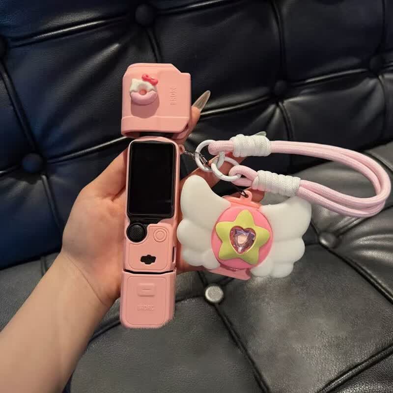 温诗欧大疆保护壳pocket3保护套可爱睡衣小狗硅胶云台相机机身防刮配件 【单机版】粉色保护壳＋挂绳