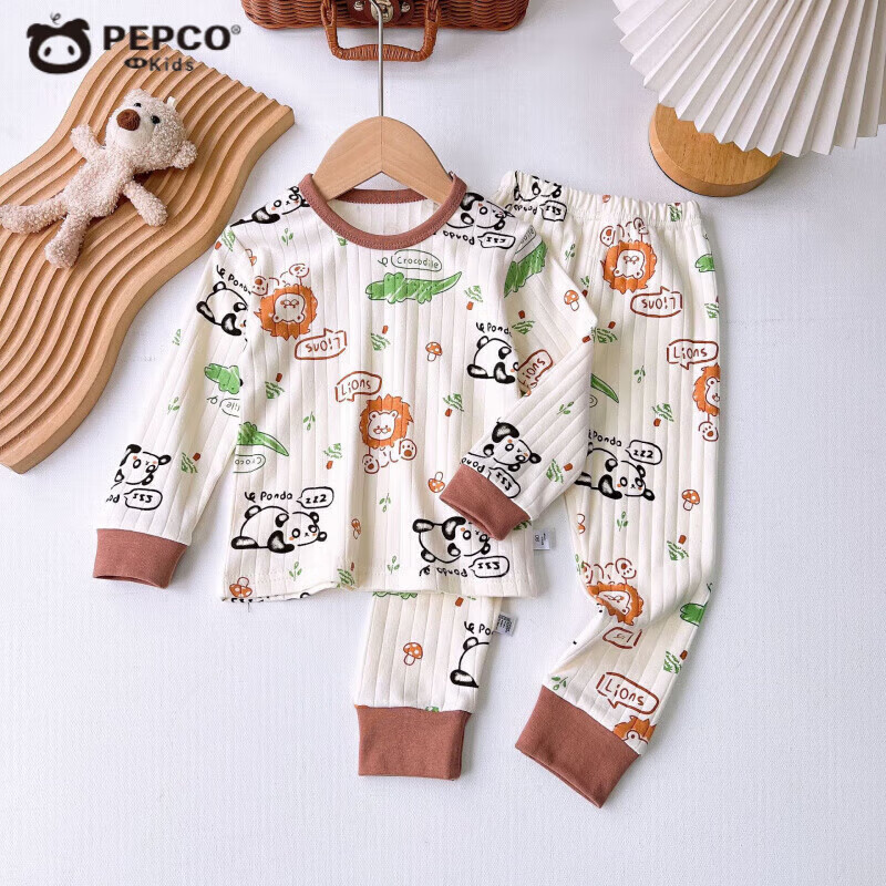 小猪班纳（PEPCO）儿童内衣套装秋冬纯棉秋衣秋裤男童女童A类宝宝保暖内衣童装 套装-米白底小狮子 150 (身高140-150)