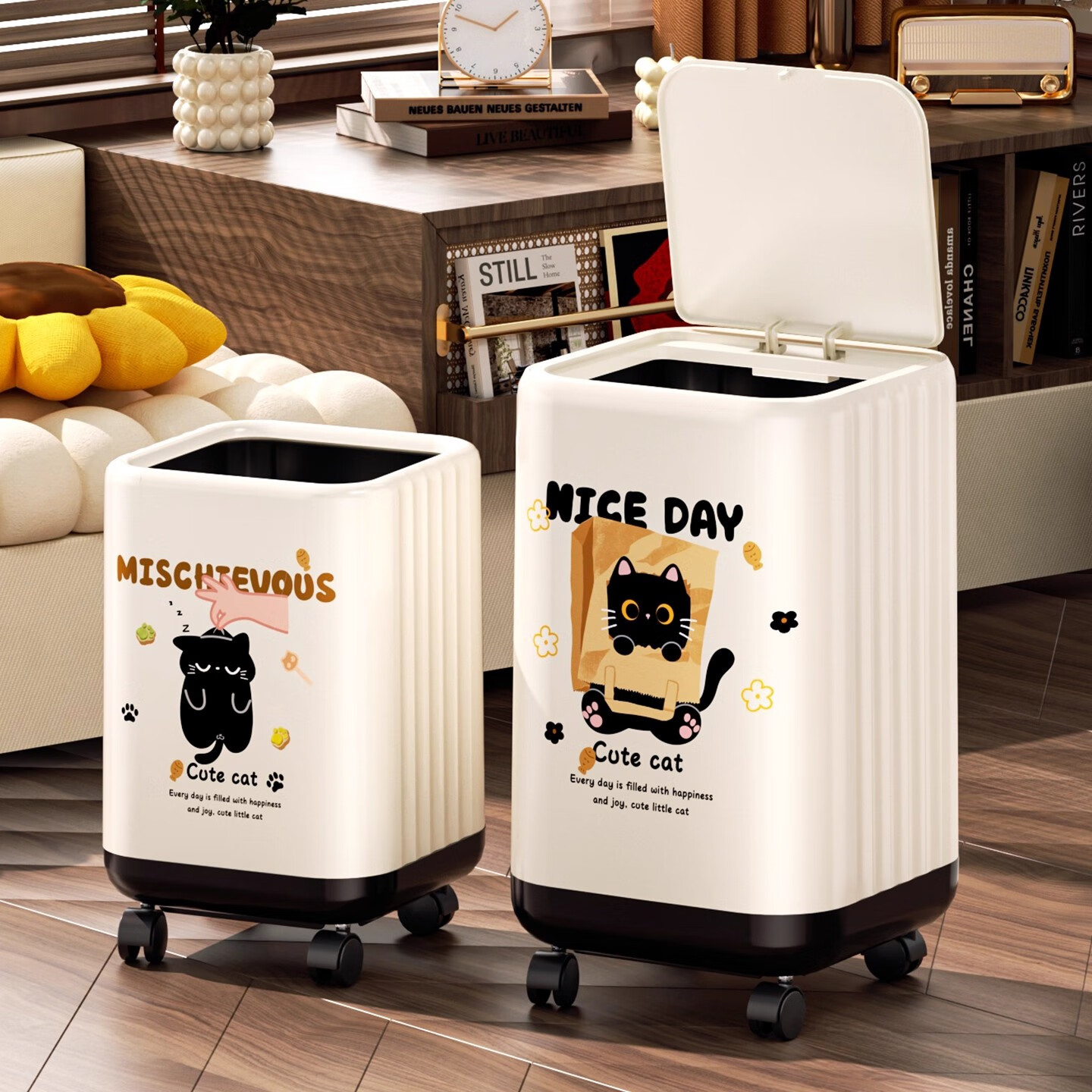 纳份爱垃圾桶家用客厅高颜值轻奢风卧室厨房卡通可爱卫生间厕所大号纸篓 【大号20L】惬意猫猫【内外双桶/无盖无轮】