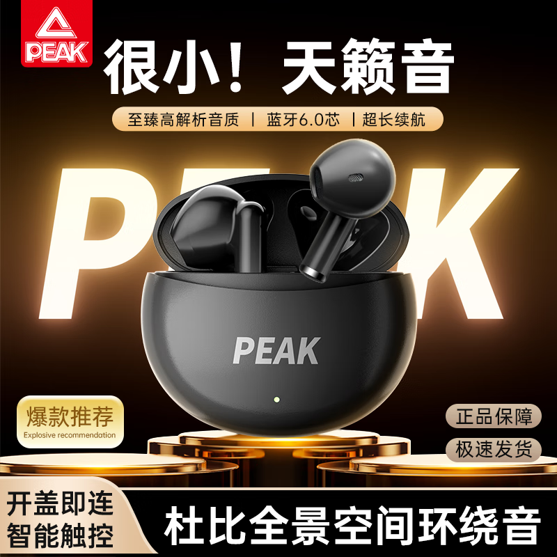 匹克蓝牙耳机 无线半入耳式高音质长续航小巧舒适运动 黑色【至臻全景音丨蓝牙6.0芯丨ENC降噪】