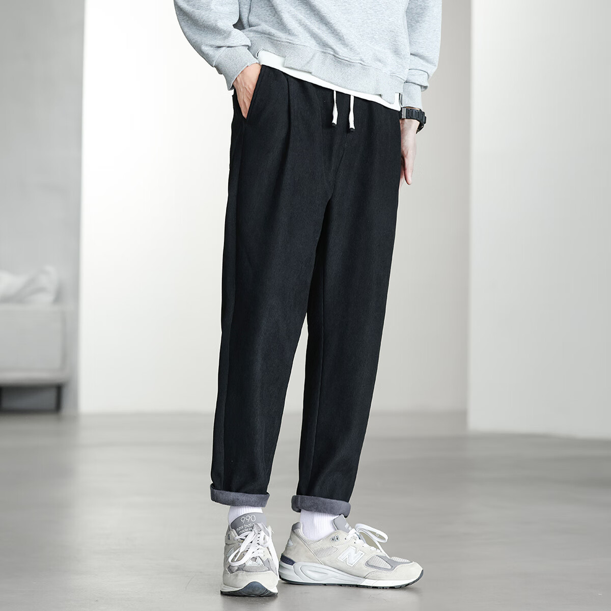 布衣传说【加绒加厚】重磅灯芯绒松紧腰抽绳柔软保暖运动小锥男式休闲裤 黑色 XL