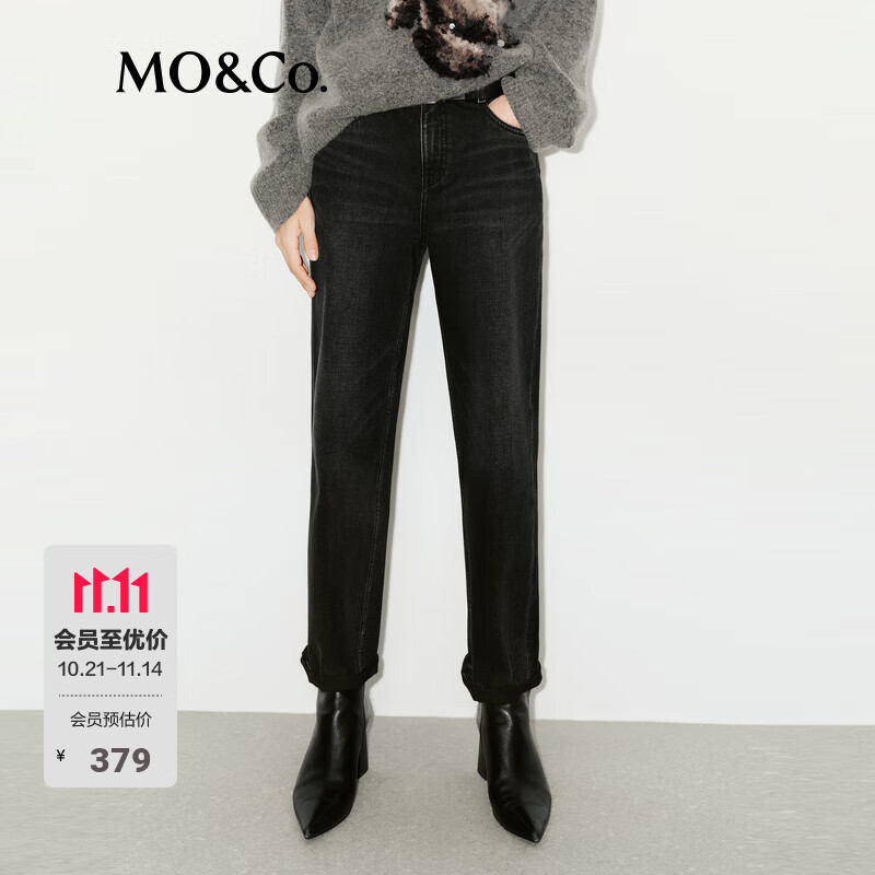 MO&amp;Co.牛仔裤精裁中高腰九分小直筒锥形洗水黑色手磨猫须摩安珂 牛仔黑色 L 28