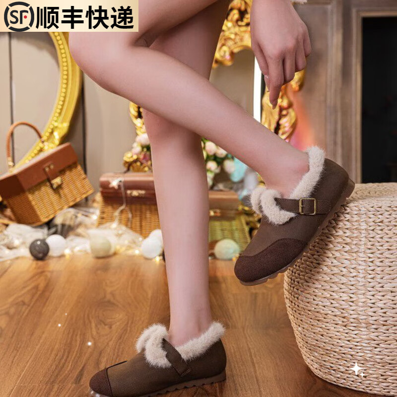 大东薇DADONGWEI2025冬季新款复古加绒圆头平底一脚蹬保暖豆豆鞋女磨砂毛毛鞋棉鞋 深棕色 40