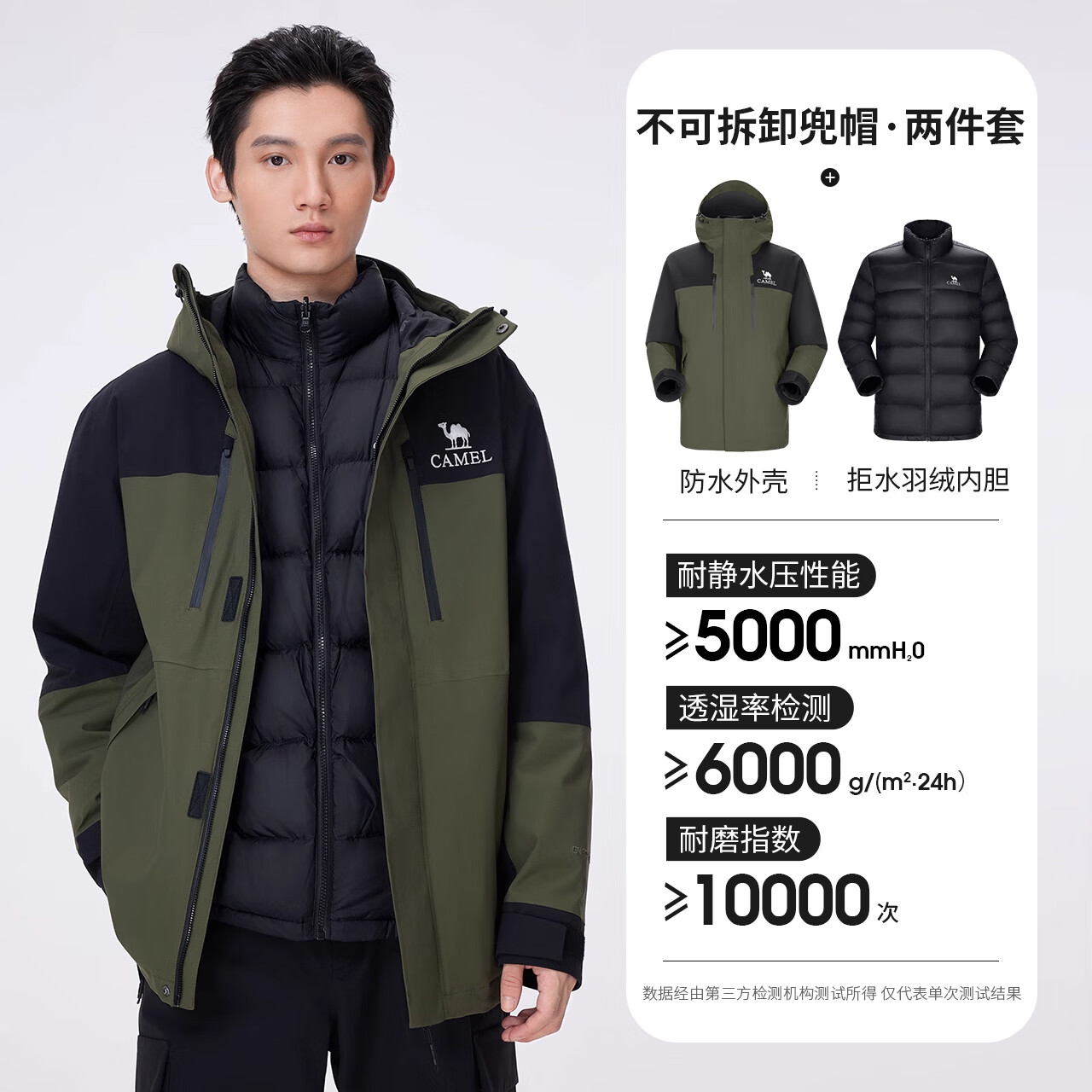 骆驼男装三合一冲锋衣内胆羽绒夹克外套户外徒步登山男款新款三防 深橄榄/幻影黑 S