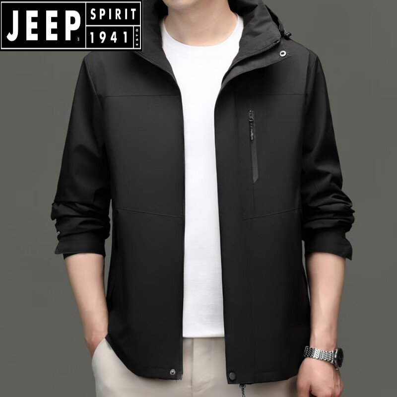 JEEP SPIRIT男士2025新款冲锋衣秋冬季休闲夹克可脱卸帽户外登上防风保暖外套 曜石黑 L