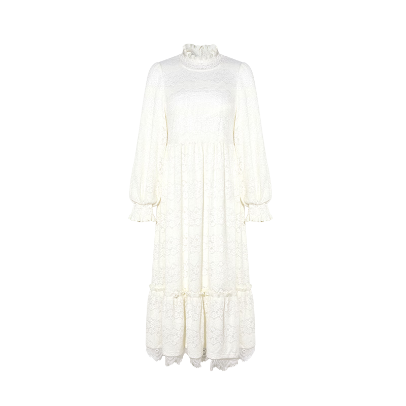 兩三事白色打底連衣裙2025春季新款高領(lǐng)毛絨高腰內搭長(cháng)裙白雪公主 杏色 L