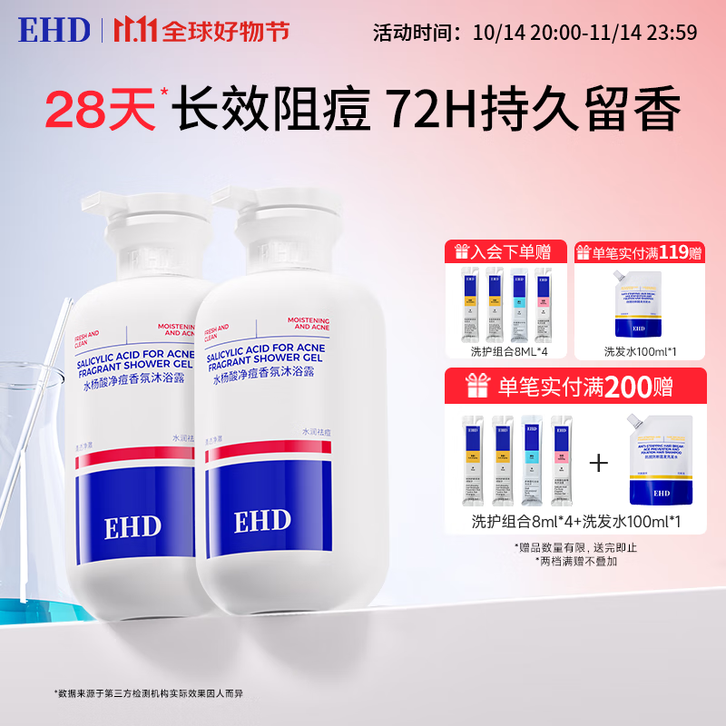 EHD沐浴露水杨酸净痘香氛沐浴露清爽清洁男女500ml*2