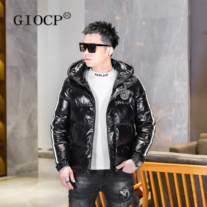 GIOCP香港潮牌条纹修身连帽羽绒服男士冬季新款90白鸭绒加厚保暖外套男 黑色 M