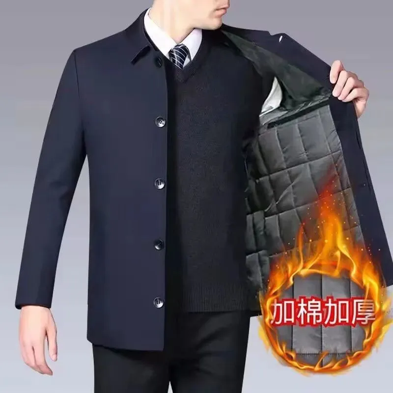 【秋冬爆款】爸爸装翻领男士保暖加绒夹克保暖夹棉夹克dk2 纽扣款【蓝色】加棉 3XL 建议(145-160斤)