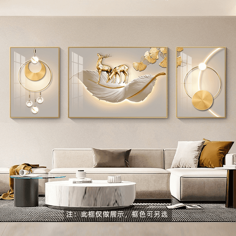 柳莺花燕现代简约客厅装饰画沙发背景墙挂画新款大气壁画三联画轻奢晶瓷画 F-万事顺遂 中套【左右50X70+中100X70】晶瓷画 免费上门按装（默发轻奢金框）铝合金