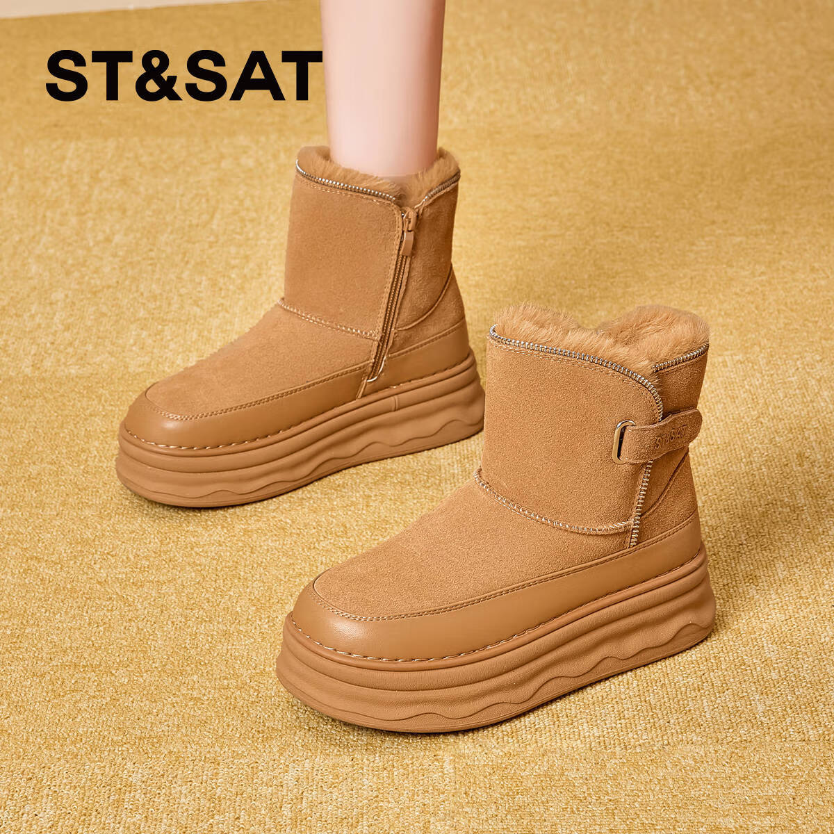 星期六加绒厚底雪地靴冬季2025新款防滑防水短筒靴复古百搭东北保暖棉鞋 驼色 【复古百搭】加绒厚底4.5cm 35