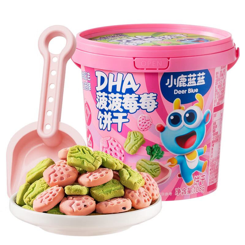 小鹿蓝蓝菠菠草莓饼干108g 宝宝零食儿童零食磨牙手指饼干 1桶