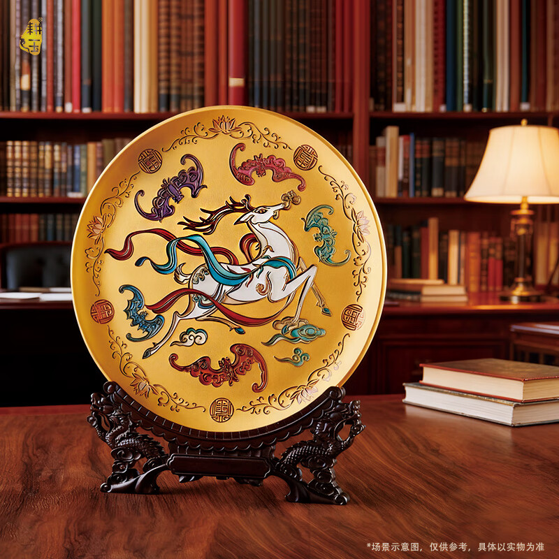 耕玉八方来财公司开业摆件乔迁办公室摆件高档乔迁礼招财客厅玄关摆件 福禄双全手绘掐丝盘-Φ320mm