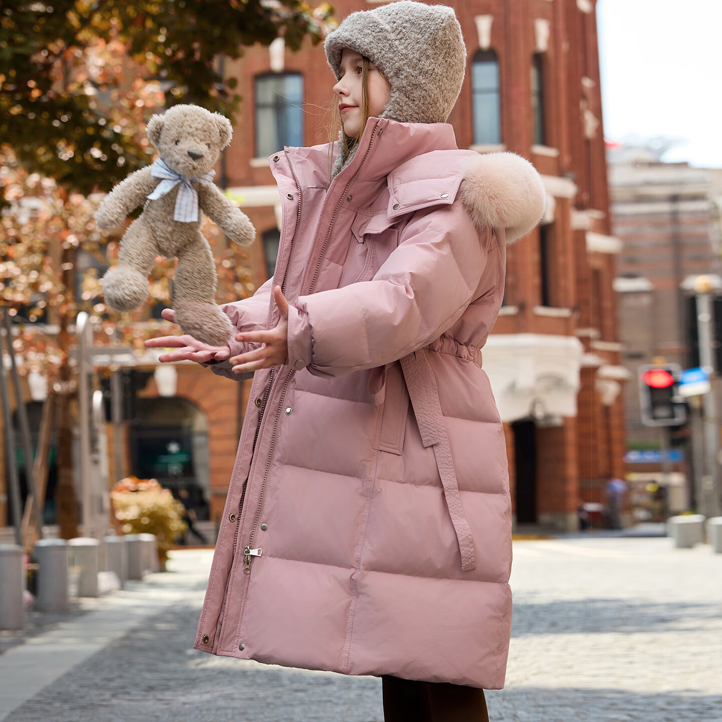 ABC KAIA女童羽绒服中长款2025新款洋气儿童正品品牌加厚外套女孩大童冬装 粉色（带毛领） 120