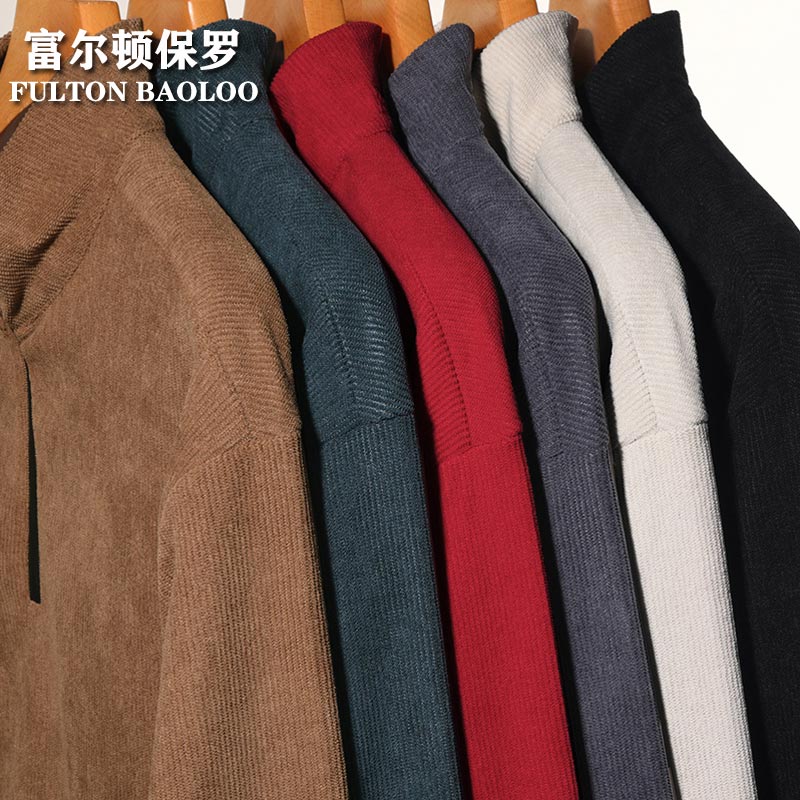【59.9包邮】FULTON BAOLOO 富尔顿保罗 男士半拉链纯色灯芯绒体恤衫 卡其