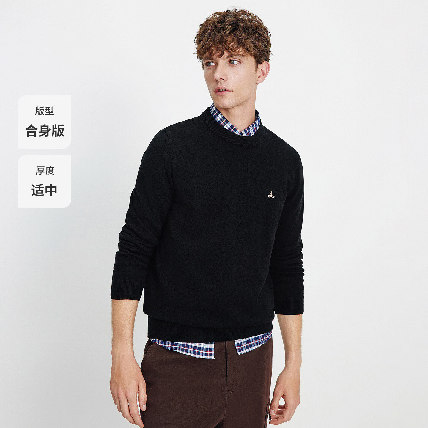 Navigare意大利小帆船休闲针织衫男款2025春秋季新款圆领净色毛衣打底衫 暗夜黑 3XL
