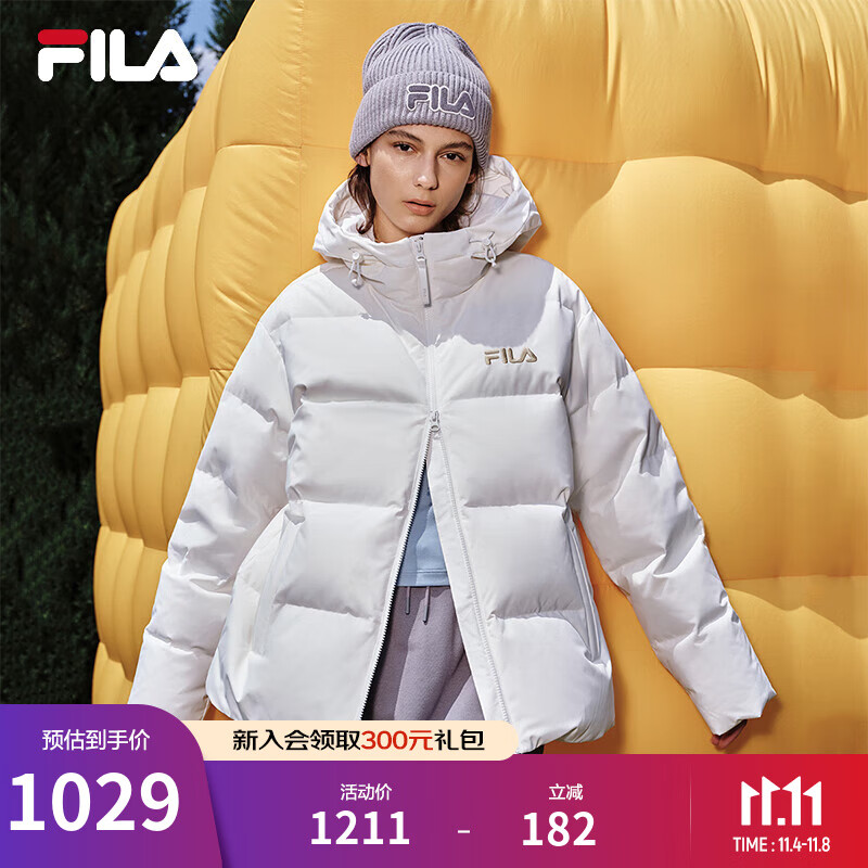 斐乐FILA情侣连帽羽绒服女2025冬连帽RGB多彩羽绒防风防泼水外套男 云菇白-WT M 170/92A/M