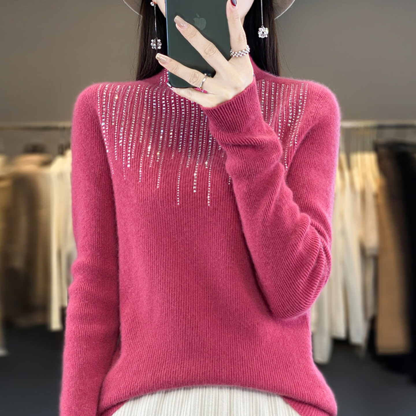 香影芬半高领镶钻秋冬毛衣女2025新款一线成衣毛衣修身显瘦打底衫针织衫 原绒米 2XL (建议125-135斤)