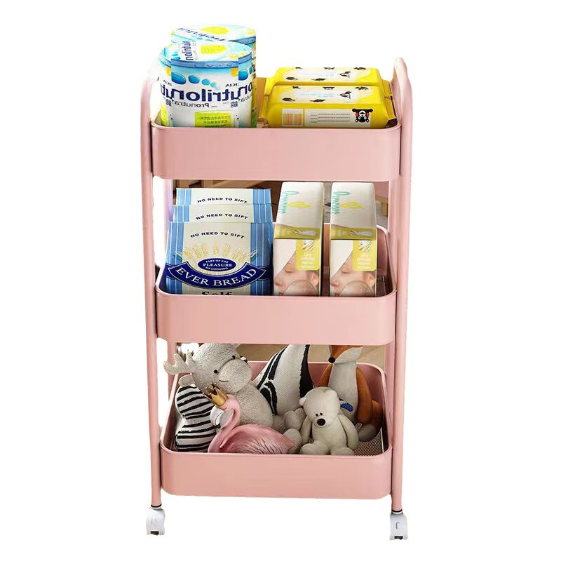 馨米立碳钢小推车置物架零食客厅儿童玩具杂物框多层带轮可移动夹缝架子 白色升级碳钢三层【两个万向轮+两个可刹车轮】