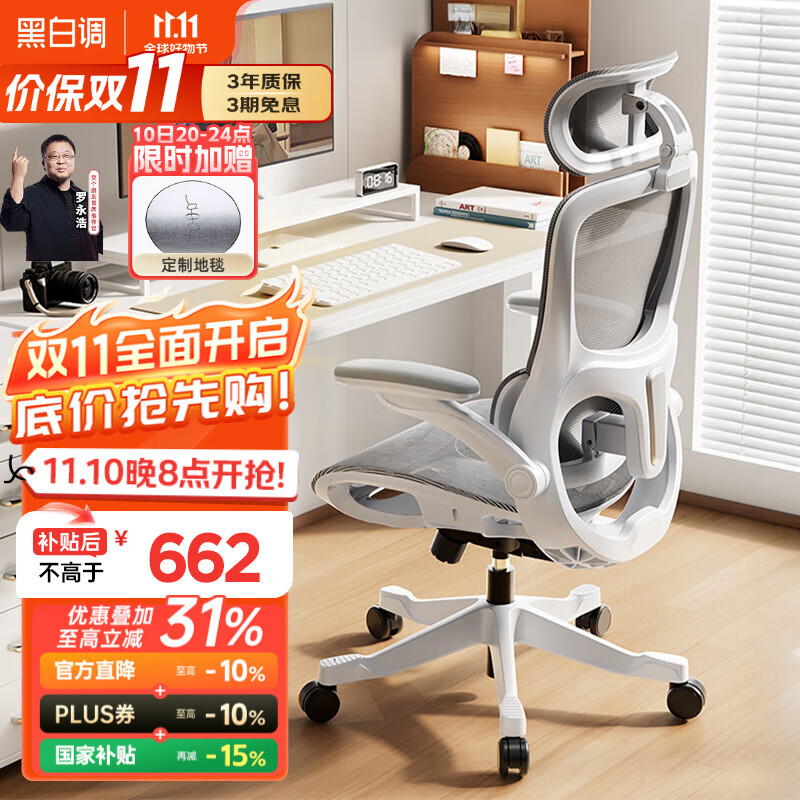 黑白调P2Pro Pro+人体工学电脑椅办公人工力学座椅学习椅久坐舒适电竞椅 新P2Pro+【麦肯基4D腰托】霜白