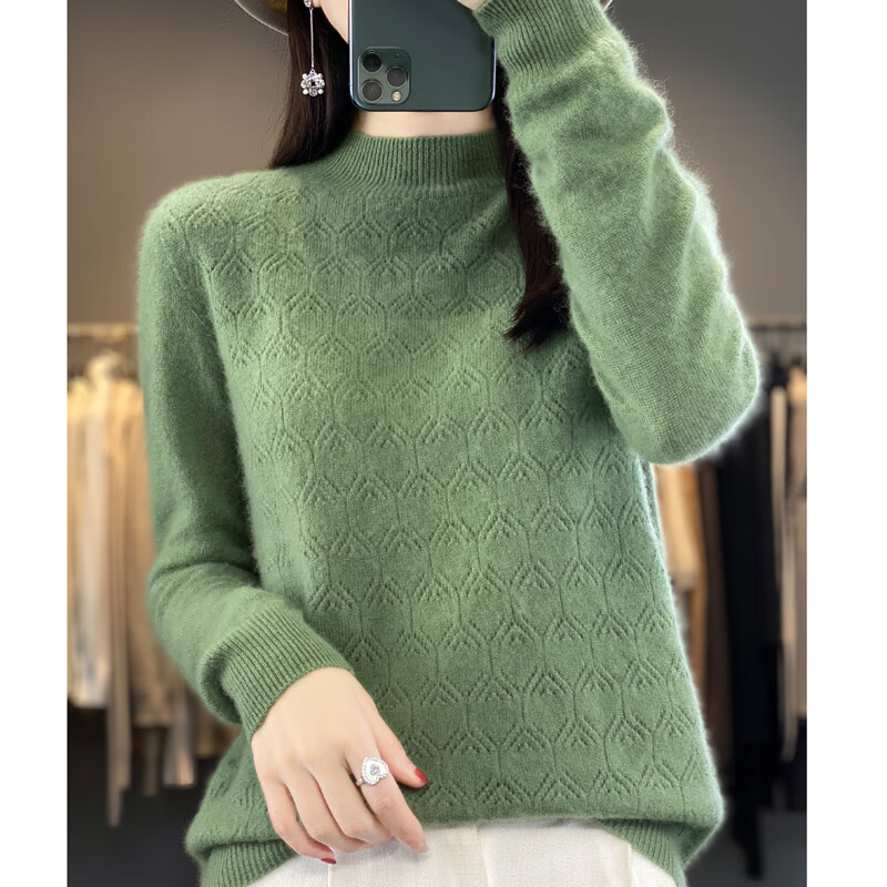 香影芬一线成衣100纯羊毛衫女士半高领镂空长袖上衣宽松百搭羊毛打底衫 白色 M (建议95-105斤)