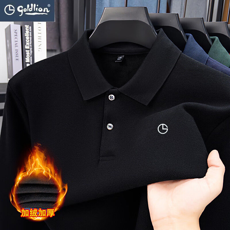 金利来秋冬季新款纯棉长袖t恤男士商务休闲翻领POLO衫中青年打底衫男装 黑色 4XL 推荐185-205斤