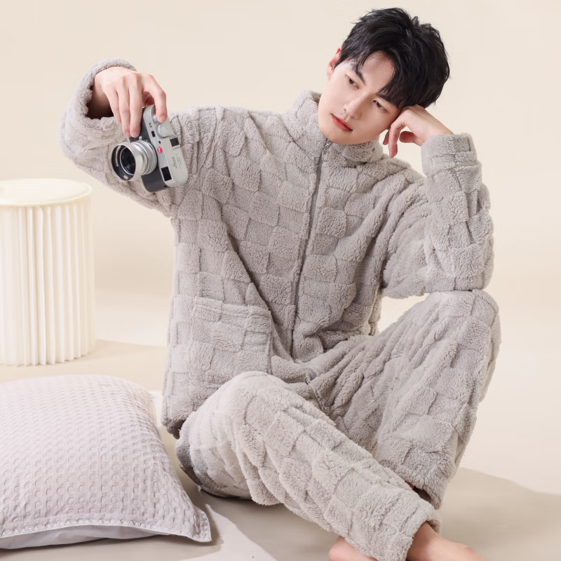 雪中飞睡衣冬季男2025年新款拉链加绒加厚珊瑚绒可外穿大码家居服套装 NSCJF-淡灰方格拉链 XL 【建议130-150斤】