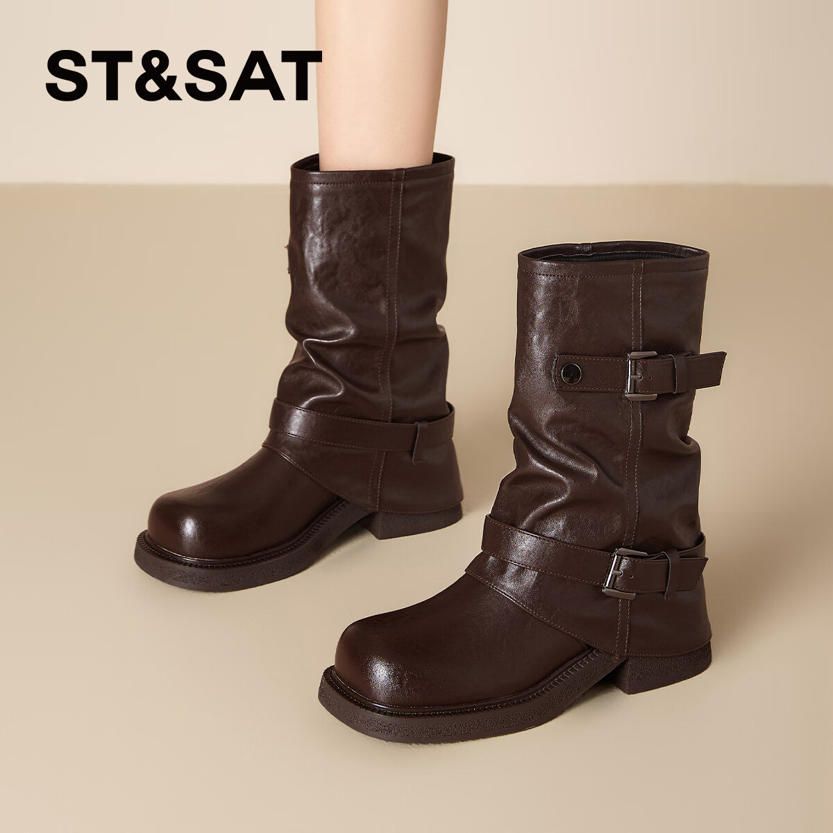 星期六厚底马丁靴女款2025新款冬季棕色短靴复古美拉德堆堆裤管靴 棕色 40