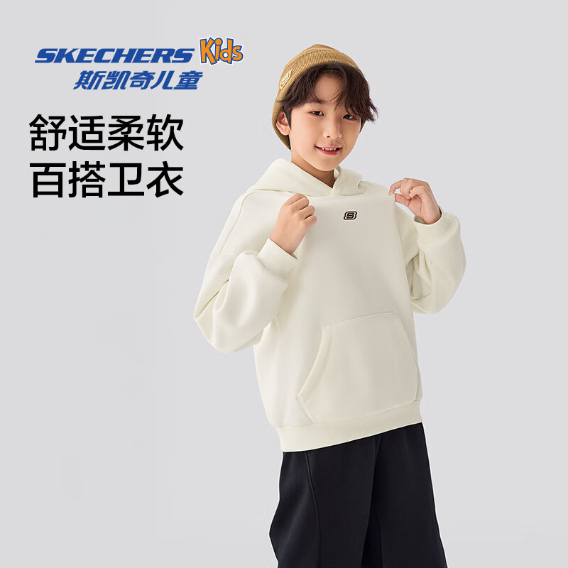 Skechers斯凯奇儿童加绒秋季时尚圆领套头卫衣男女童宽松休闲上衣L425K030 连帽加绒/棉花糖白/0074 150