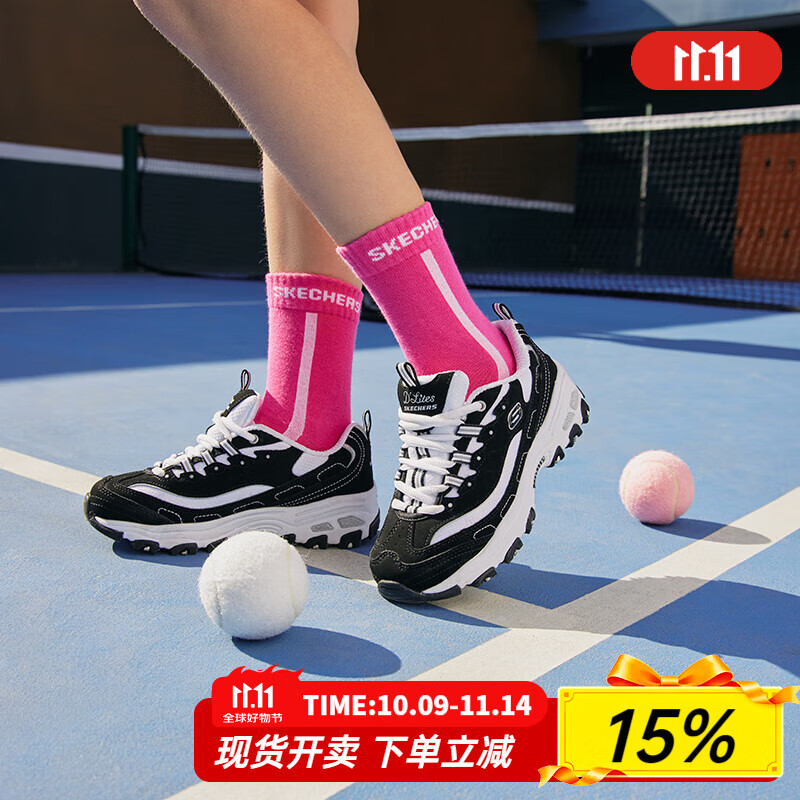 斯凯奇（Skechers）童鞋2025秋冬新款女童黑白熊猫鞋厚底老爹鞋大童运动鞋儿童休闲鞋 黑色/白色-BKW 27.5