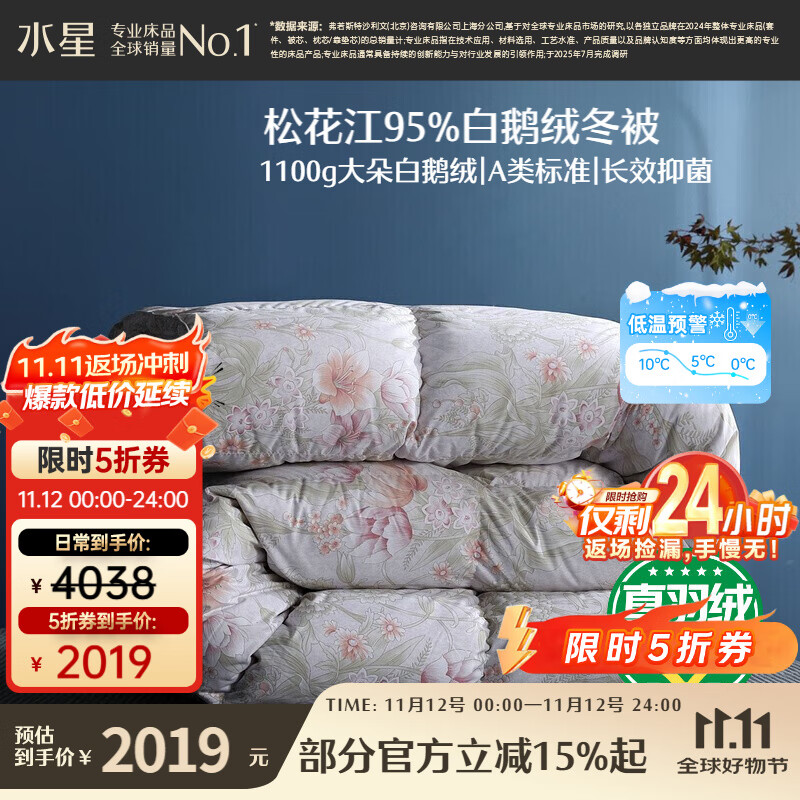 水星家纺羽绒被95%白鹅绒被子冬季加厚冬被芯双人羽绒被220cm×240cm