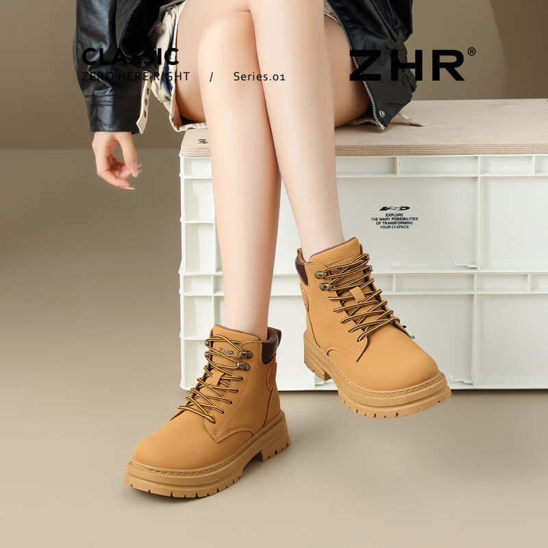 ZHR马丁靴女厚底西部靴小个子户外旅游大黄靴复古英伦百搭工装靴短靴 黄色 38