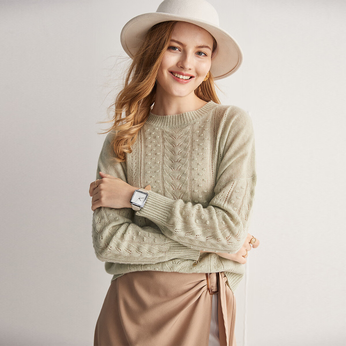 帕罗（PALUOPO）【100山羊绒】秋冬镂空绞花设计淑女宽松气质针织羊绒衫女 香绿夹花 L 105