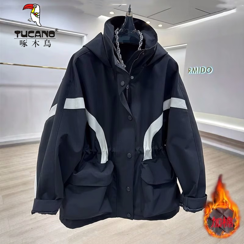 啄木鸟美式连帽加棉冲锋衣外套女2025秋冬新款撞色中长款抽绳工装羽绒服 M薄 轻薄 均码 黑色常规秋冬百搭/美式复古/高级感炸街小香风/棒