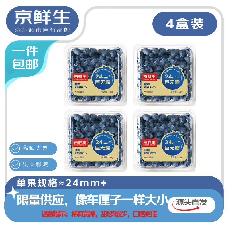 京鲜生云南蓝莓 4盒24mm+装 125g/盒 生鲜水果 源头直发 包邮