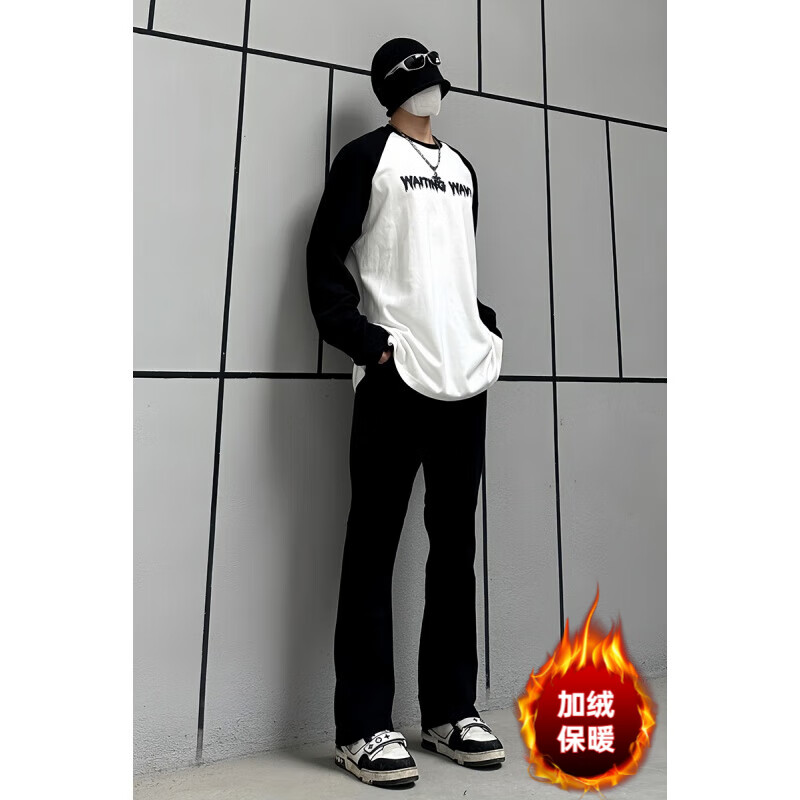 黑盒白秋季裤子男潮牌美式vibe高街微喇牛仔裤男款修身直筒休闲裤男装 白色 加绒 XL 【建议130-145斤】