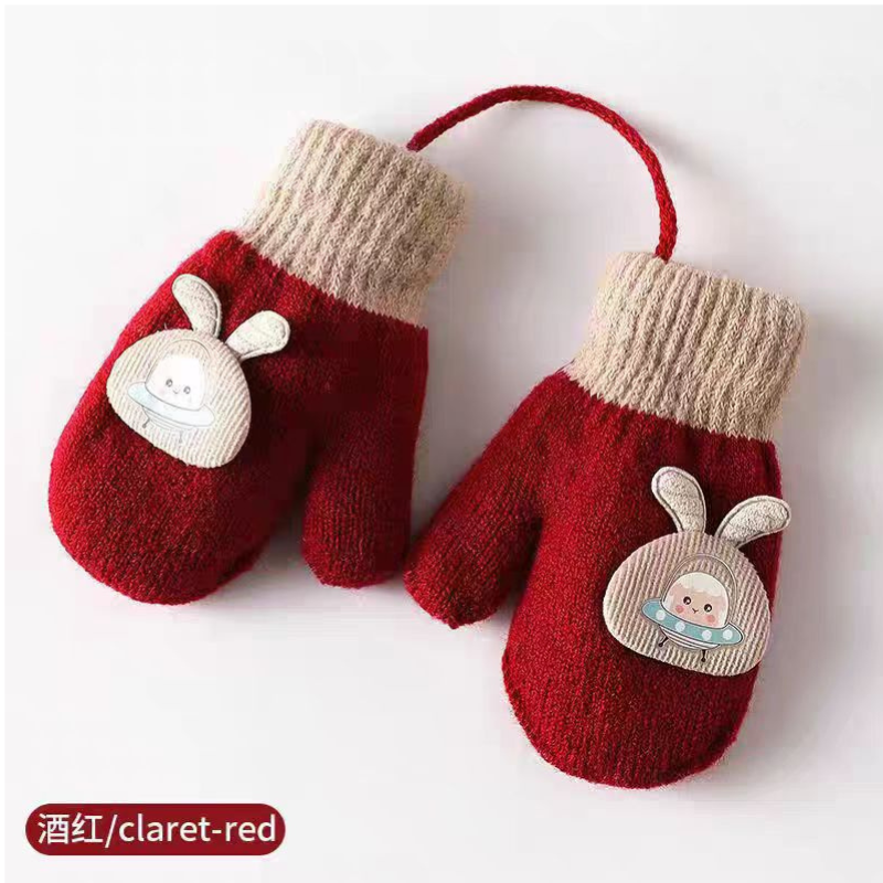 彩虹房子儿童手套男童女童秋冬宝宝保暖防寒学生小孩手套合集 酒红色-带绳包套-参考1-3岁 【涤纶材质】