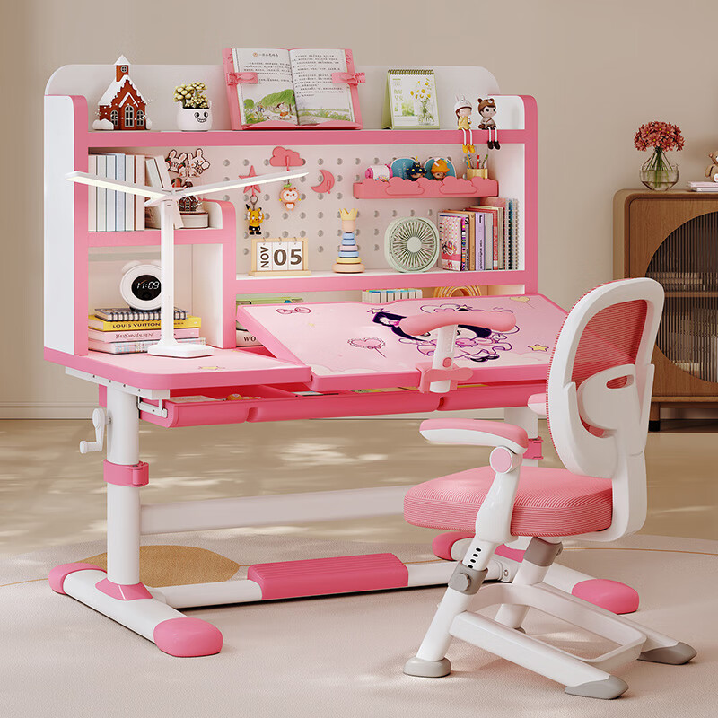森优匠儿童学习桌书桌椅套装6-18岁专用可升降带书架一体小学生写字课桌 匠心粉兔兔多区收纳书架+分区调节桌板+三角永定椅