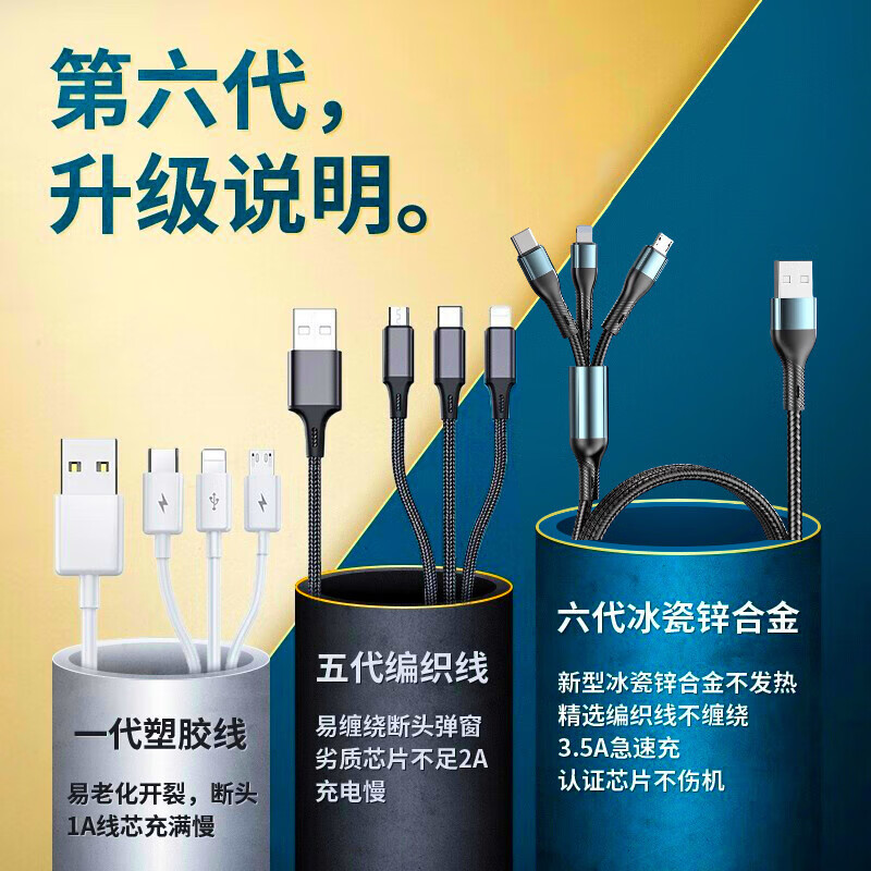 drop dot【66W超级快充丨线加粗80%】数据线三合一6A苹果安卓充电器线Type-C一拖三多合一华为小米手机车载 1.2米【编织线】黑色