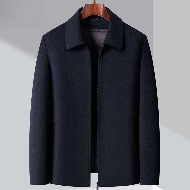 ERDOS鄂爾多斯短款毛呢外套中年男士加厚雙面羊絨夾克爸爸裝羊毛呢子上 藏青 M 170碼