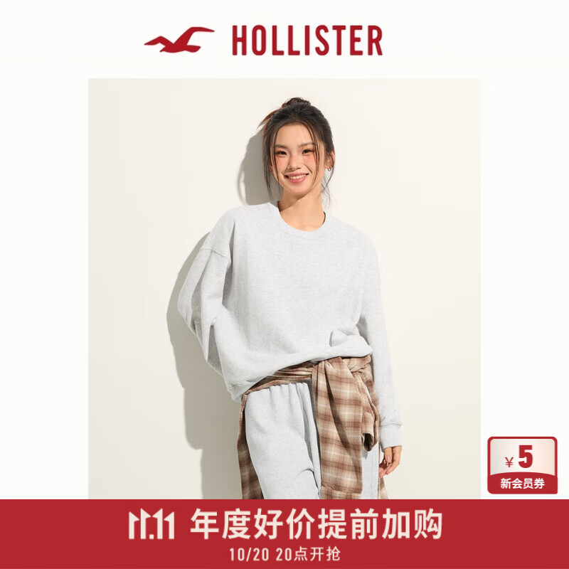 HOLLISTER经典小海鸥图案24春秋抓绒落肩卫衣女装352-4218 灰色 L (165/100A)