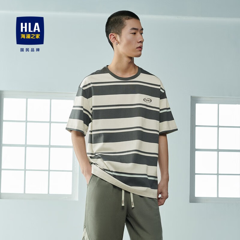 海澜之家(hla)短袖t恤男装23新款纯棉圆领宽松条纹上衣服男士条纹宽松