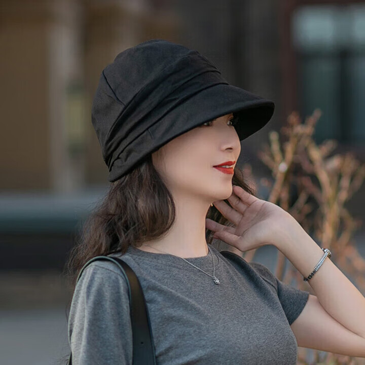 黛莎女士夏季顯臉小八角形尖頂帽時(shí)尚好看的女士薄透氣八角形漁夫臉  黑色